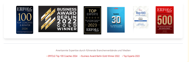 Auszeichnungen KI-Mindset Expertin Martina Peukert: ERFOLG Top 100 Coaches 2025, Business Award Berlin Gold Winner 2022, TOP Experte 2023